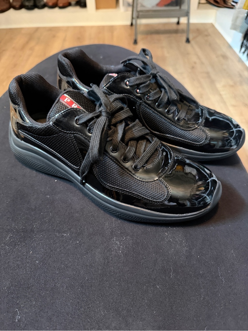 Prada Men's Black Patent Leather Low-Top Sneakers